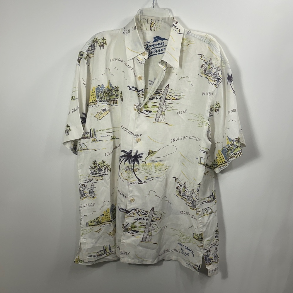 Tommy Bahama Relax Linen Camp Shirt Palm Hawaiian  Cream Graphic Shirt large